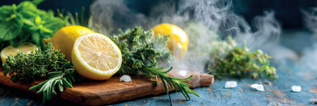 Fresh herbs and citrus are combined for a cold remedy, with steam rising around the vibrant ingredients on a rustic wooden board.の素材