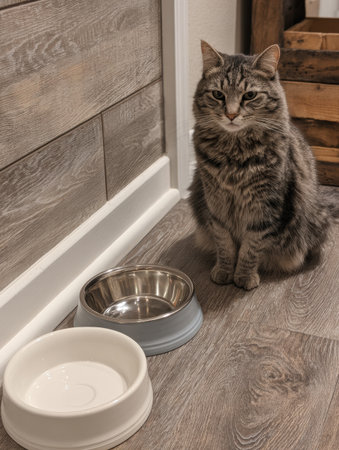 Cat remains seated near food bowls labeled for morning and evening meals in a simple, modern interior design highlighting minimalismの素材