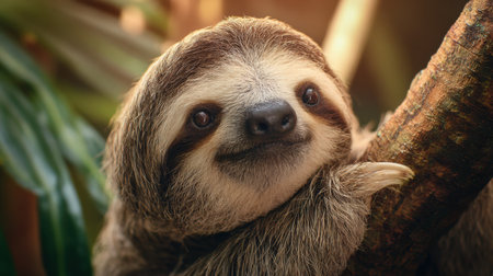 A sloth hugs a sturdy tree branch, its gentle smile highlighting a serene moment in the vibrant rainforest, surrounded by rich green foliage and soft lighting.の素材