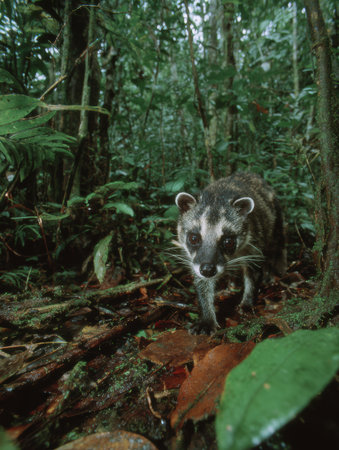 Civet cat moves cautiously across the forest floor, blending with the lush vegetation and fallen leaves in its tropical rainforest environment.の素材