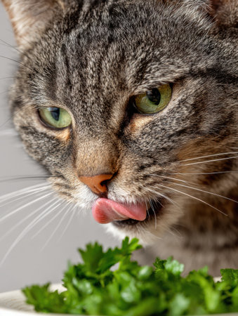A cat is licking its tasty wet food topped with fresh herbs against a minimal background, fully focused on the meal during midday.の素材