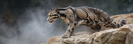 Clouded leopard moves purposefully across a rock, surrounded by a soft mist that enhances its striking coat pattern in a natural setting.の素材