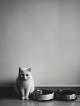 A cat is quietly sitting near two food bowls labeled morning and evening in a simple and uncluttered environment, creating a calm vibe.の素材