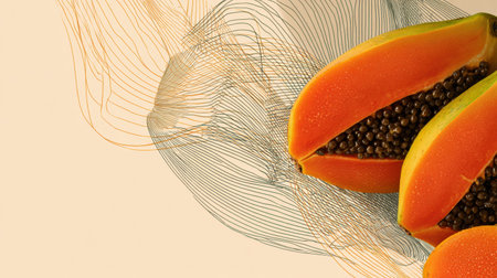 Slices of vibrant papaya are presented on a clean background, adorned with stylized line art that adds a modern touch and promotes a sense of freshness.の素材