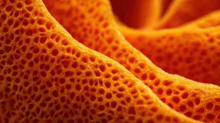 Detailed close-up reveals the unique texture of orange peel, highlighting natural patterns and vibrant colors in stunning macro lens clarity.の素材