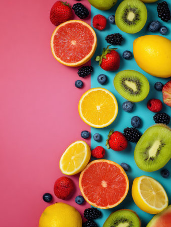 A colorful arrangement of summer fruits showcases grapefruit, lemons, kiwis, and berries, arranged in a pop art style against a striking backdrop.の素材