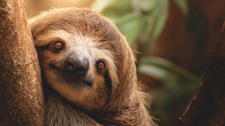 Sloth lovingly hugs a tree branch while nestled in a vibrant rainforest, illuminated by warm sunlight filtering through the canopy above.の素材