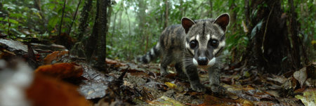 Civet cat moves cautiously through dense rainforest undergrowth, exploring its environment and searching for food among fallen leaves and soil damp.の素材