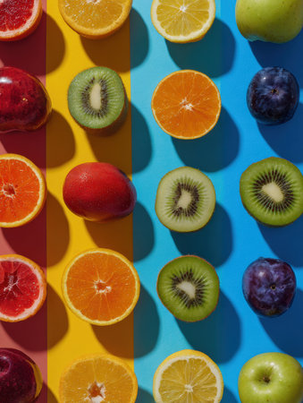 Fruits are artistically arranged by color, showing vibrant hues in a visually appealing pattern. The top third remains open, enhancing the overall design.の素材