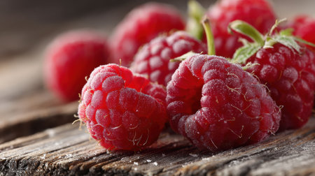 Close-up view of vibrant raspberries resting on a weathered wooden surface, highlighting their rich color and texture perfect for summer recipes.の素材
