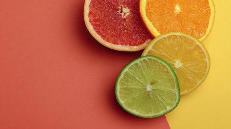 Circular arrangement of citrus fruits displaying vivid colors against a split background, providing an ideal area for promotional or decorative text.の素材