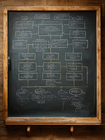 Chalk-drawn communication diagram on a classroom blackboard shows interconnected concepts and ideas, designed for educational purposes in a learning environmentの素材