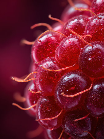 Detailed exploration of a raspberry with vibrant hues and complex textures, showing the natural beauty and flavor of this berry variety.の素材