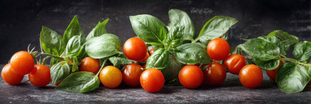 Freshly picked cherry tomatoes and fragrant basil leaves create a colorful arrangement against a dark chalkboard backdrop, illuminated softly.の素材