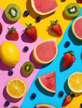 Vibrant summer fruits like strawberries, watermelon, and kiwis are creatively arranged in a playful pop art style, embodying summers essence.の素材