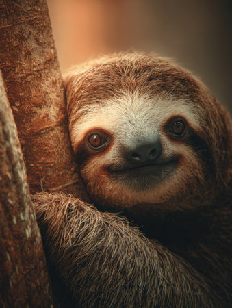 A sloth gently hugs a tree branch in a lush rainforest, surrounded by warm colors and soft light, highlighting the peacefulness of this unique habitat.の素材