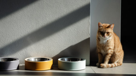 A cat sits calmly beside food bowls marked for morning and evening in a simple and bright environment, enjoying the warm sunlight streaming in.の素材