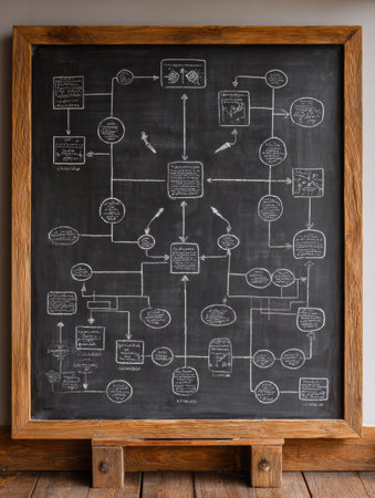 A detailed communication diagram fills a classroom blackboard, illustrating various messaging techniques.の素材