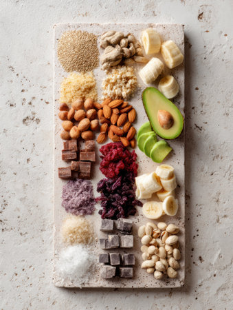 Fresh raw pet ingredients arranged neatly on a clean mat showcase a variety of nutritious options for creating healthy meals and snacks for pets.の素材