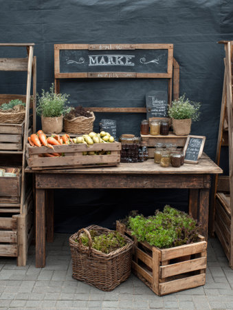 Classic farmer market display featuring wooden crates stacked with fresh vegetables and homemade preserves, creating a warm, inviting atmosphere for shoppers.の素材