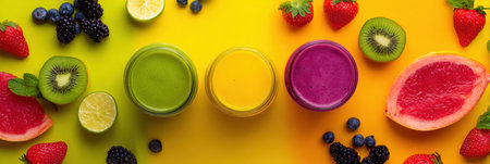 Colorful ingredients for fruit smoothies are artistically arranged, showing fresh fruits and vibrant smoothie bowls on a cheerful background.の素材
