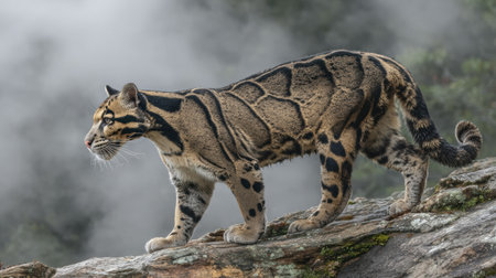 A clouded leopard is captured mid-step on a rock, surrounded by mist with a natural backdrop, showcasing its elegance and stealth during a tranquil moment.の素材