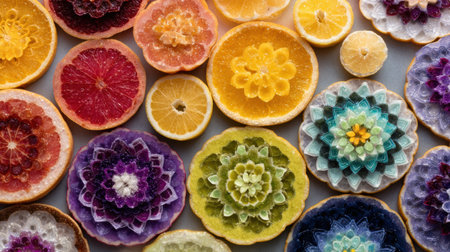 Colorful mandalas create an artistic display using various fruit slices, showing vibrant patterns that resonate with a modern yoga atmosphere.の素材