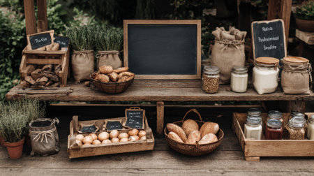 A rustic farmer market features fresh produce displayed on wooden shelves with chalkboard labels in a charming outdoor environment filled with greenery.の素材