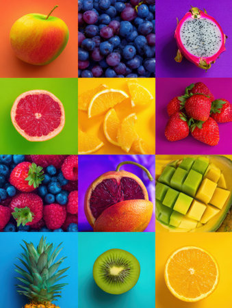 Enjoy a vibrant display of summer fruits in pop art style, offering refreshing flavors and textures perfect for the season.の素材