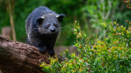 A binturong climbs a log surrounded by vibrant greenery, captured in soft light that accentuates its distinct fur and curious expression amidst nature.の素材