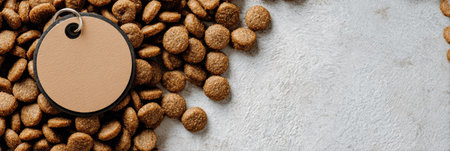 Closeup of small kibble pieces, showcasing a grain-free tag placed among the kibble on a neutral clean background, suitable for pet food presentations.の素材