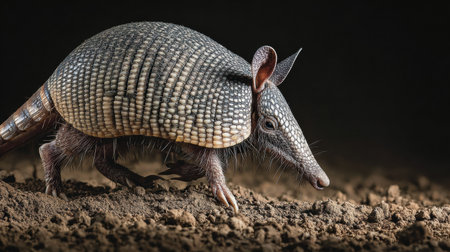 Armadillo moves slowly across dry soil, showing its textured shell and unique features in a striking contrast against a dark background.の素材