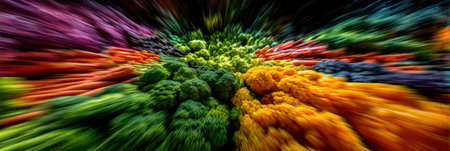 Vibrant vegetables in motion create an abstract digital wave with high-tech color grading, focusing on the clarity of the center zone for visual impact.の素材