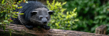 Binturong climbs along a log surrounded by vibrant green foliage, demonstrating its agility in a tranquil setting with soft lightingの素材
