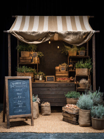 A charming farmers market stall featuring baskets of fresh herbs and produce, enhanced by a chalkboard for labeling items, creating an inviting atmosphere.の素材