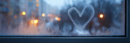Condensation coats a winter window, forming a heart shape amidst a blurred backdrop of outdoor lights and cozy indoor ambiance.の素材