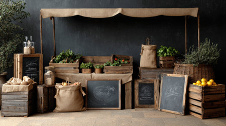Classic rustic market setup showcases fresh vegetables and herbs in wooden crates, with chalkboard labels inviting customers to explore local offerings.の素材