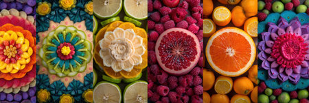 Vibrant fruit slice mandalas create a harmonious setting ideal for yoga lovers seeking balance and tranquility.の素材
