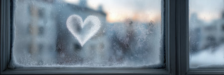 Condensed water on a winter window forms a heart, creating a cozy atmosphere while the background reveals a soft sunset and frosty landscape.の素材