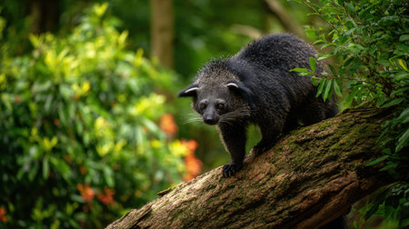 A binturong climbs a log, surrounded by vibrant foliage, enjoying its habitat in the gentle light of a serene afternoon.の素材
