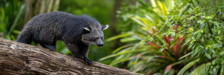 Binturong climbs gracefully along a log with a backdrop of vibrant foliage, basking in the soft light of a tranquil forest setting.の素材