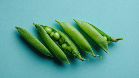 Bright green peas nestled in their pods arranged against a clean light blue background, highlighting their freshness and natural beauty for healthy recipes.の素材