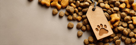 Kibble is displayed in a neutral clean area, featuring a grain-free tag alongside various shapes and colors of the kibble, creating an inviting look.の素材