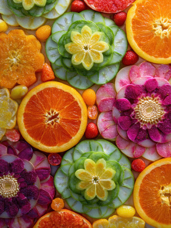 Fruit slices arranged in intricate mandala designs showcase a kaleidoscope of colors, evoking a tranquil yoga vibe perfect for relaxation and mindfulness.の素材