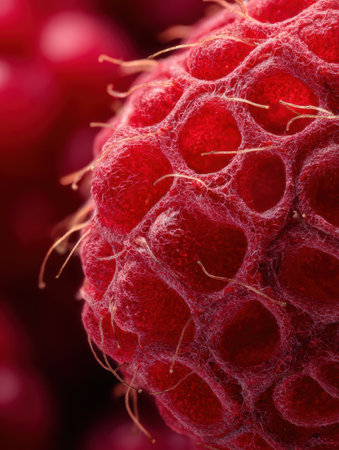 Detailed examination reveals the intricate texture and vivid coloration of a raspberry, showing its unique macro structure and natural beauty.の素材