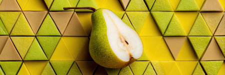 Abstract pear slice displayed next to geometric tiles in various shades of green and yellow, creating a striking visual contrast on a flat surface.の素材