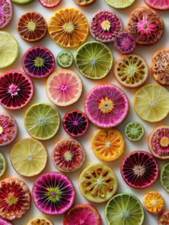 Colorful mandalas formed by vibrant fruit slices showcase natures artistry, blending wellness vibes with creative expression at a bright yoga studio.の素材