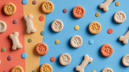 Colorful assortment of dog treats scattered against a dotted background, creating a playful and inviting atmosphere perfect for pet lovers.の素材