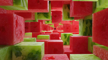 Vibrant 3D cubes made from watermelon form a striking abstract structure with an open top, revealing layers of red and green fruit inside.の素材