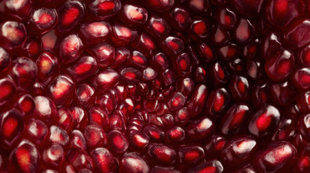 Vibrant pomegranate seeds form an intricate spiral, drawing the eye to their glossy surfaces while a section remains untouched at the upper third.の素材